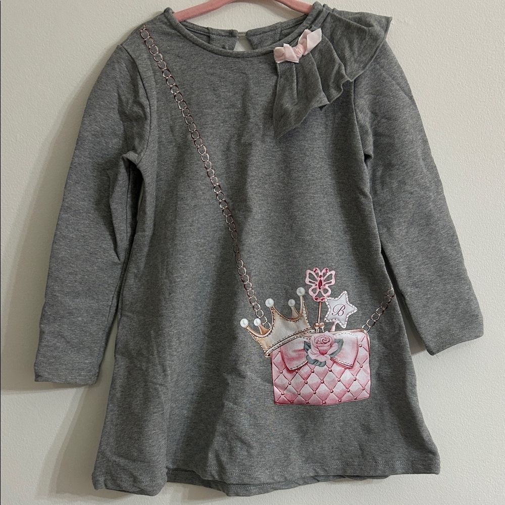 Girls Gray Dress with Pink Purse and Crown Graphic
